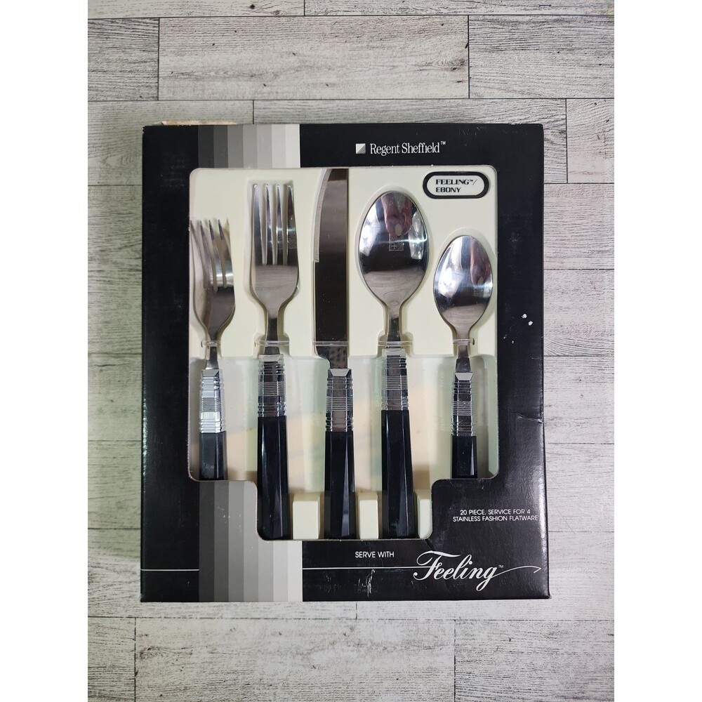 NEW 1987 Regent Sheffield Feeling Ebony 20pc Service For 4 Flatware Set VIntage